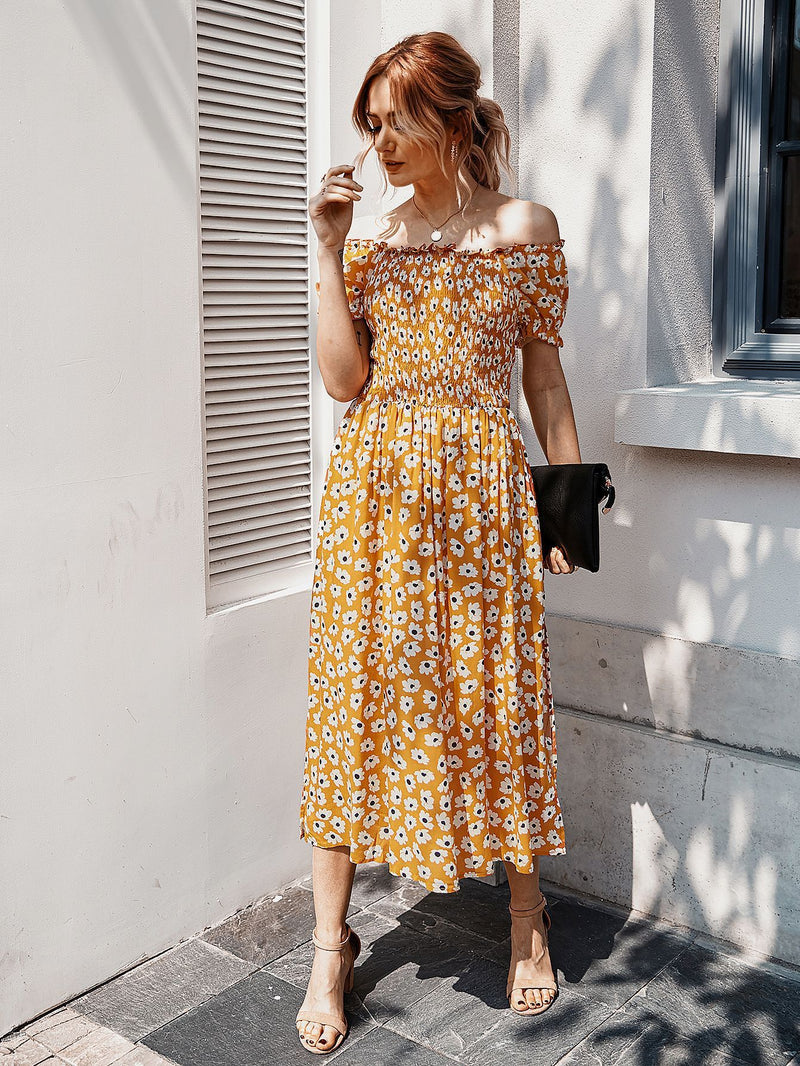 Floral Off Shoulder Split Swing Midi Dress