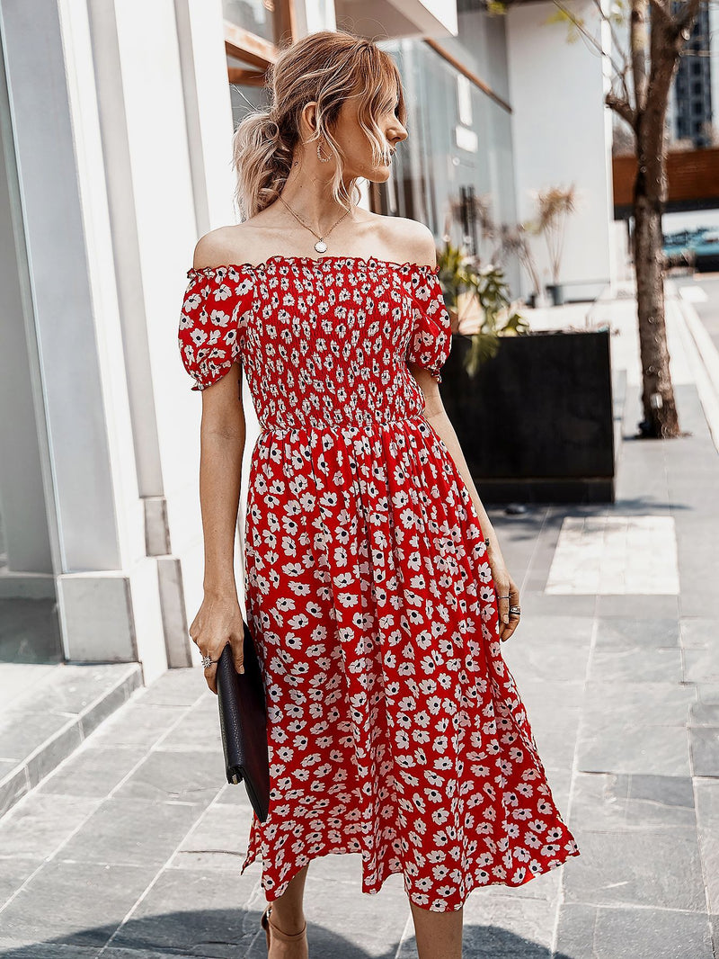 Floral Off Shoulder Split Swing Midi Dress