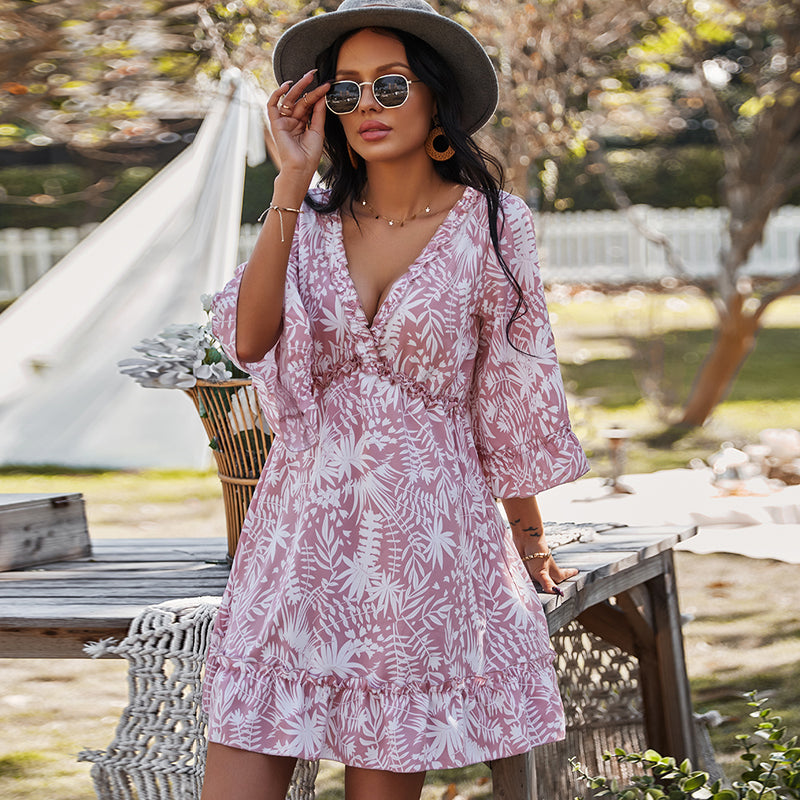 Short Sleeve Floral Deep V Neck Ruffle Dress