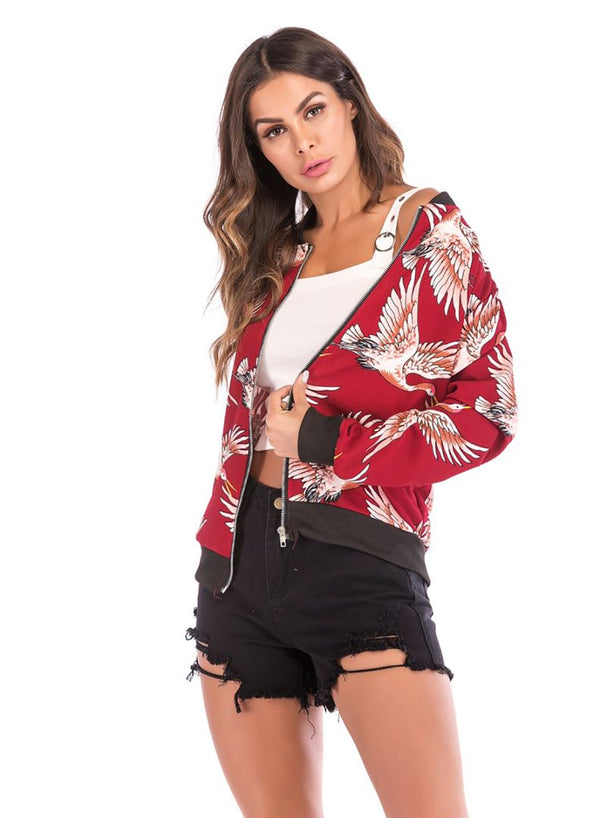 Women Casual Crane Print Fall Baseball Jackect