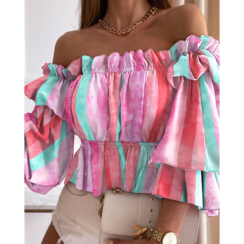 Off Shoulder 3/4 Sleeve Elastic Waist Floral Blouse Top