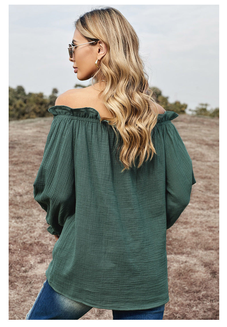 Off Shoulder Long Sleeve Ruffle Hem Crop Blouse Top