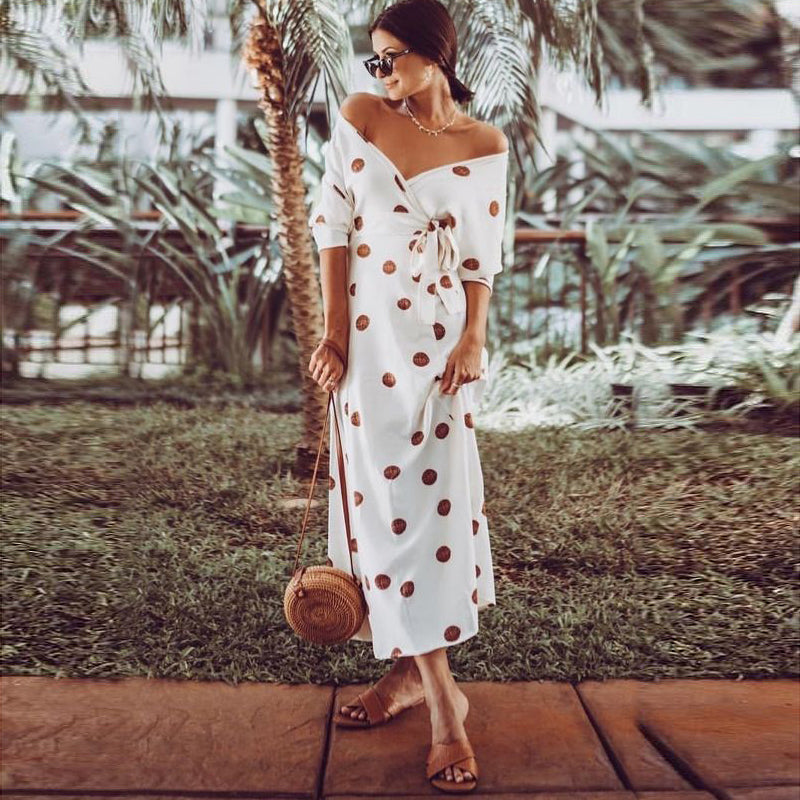 Casual Large Polka Dot V Neck Off Shoulder Maxi Dress