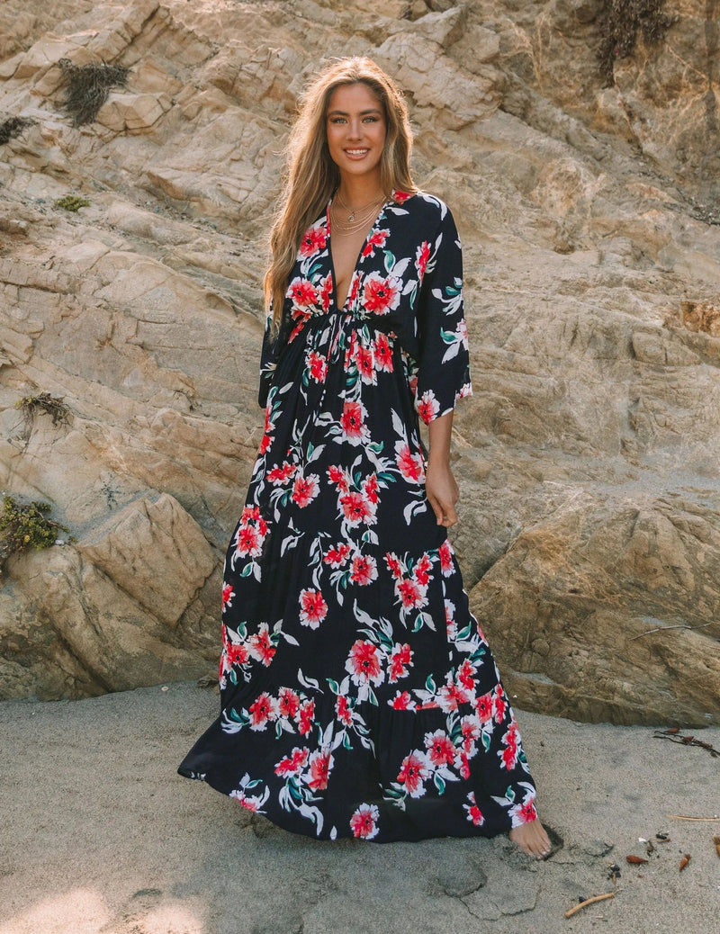 Casual Floral V Neck Long Maxi Dress