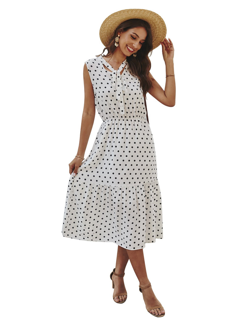 Polka Dot Tie Front V Neck Long Dress