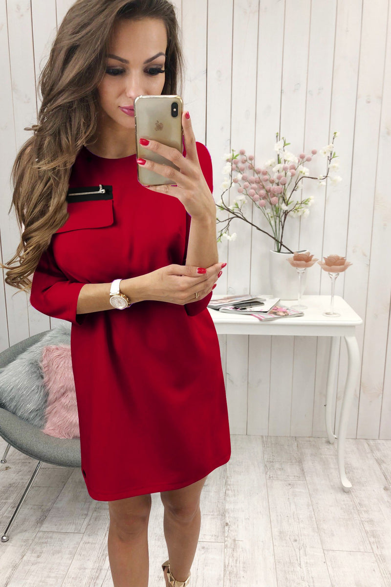 Black 3/4 Length Sleeve Plain Casual Crew Neck Mini Dress - Landing Closet