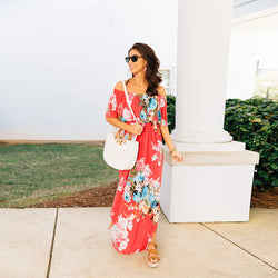 Women Floral Print Off Shoulder Maxi Dresses