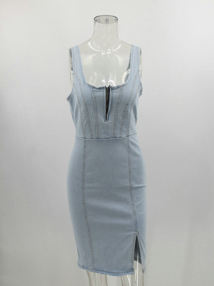 Sleeveless Side Split Bodycon Midi Denim Dress