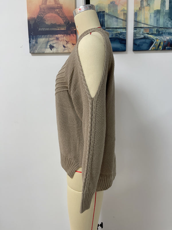 Cold Shoulder Round Neck Cable Knit Sweater