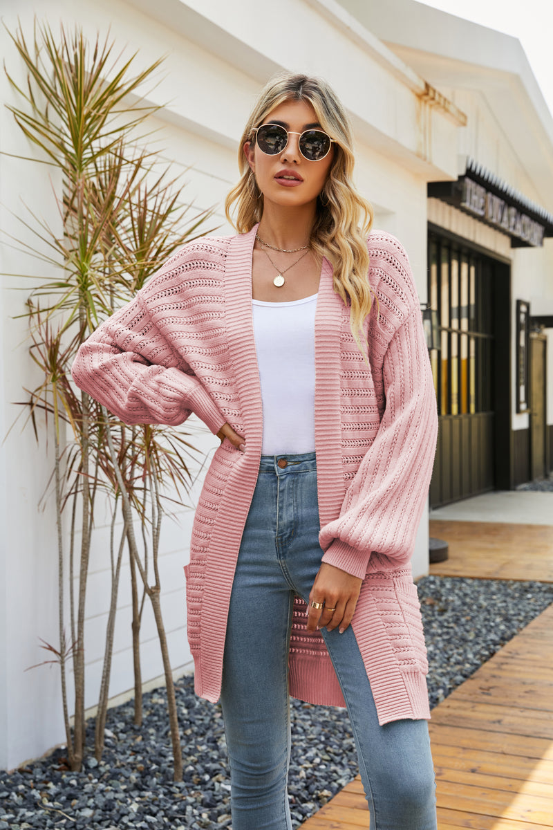 Open Front Pocketed Long Sleeve Knitted Solid Cardigan