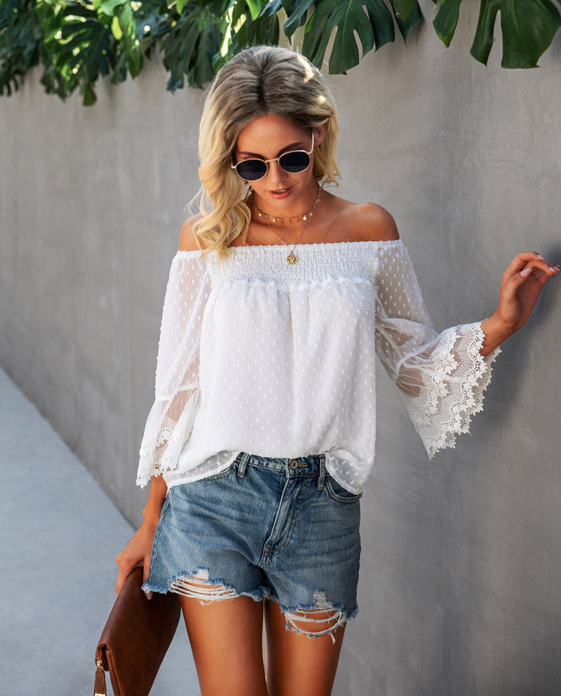 Polka Dot Off Shoulder Lace Sleeve Top