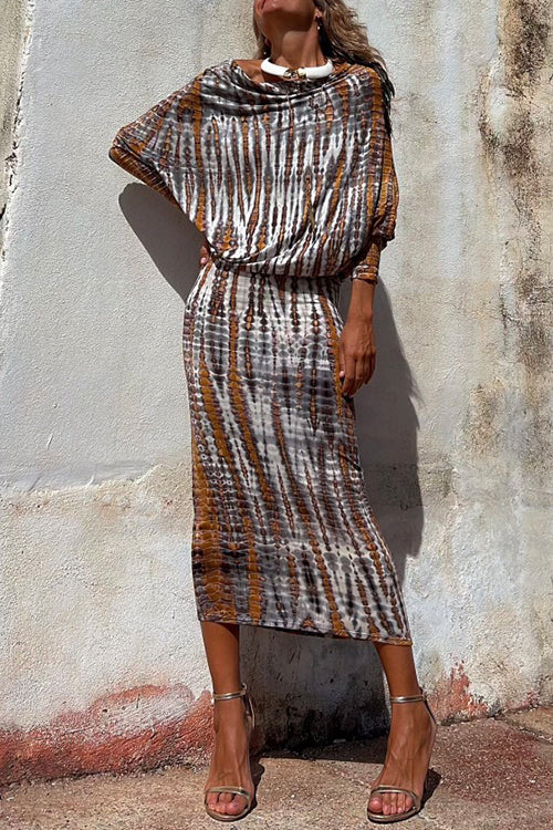 Batwing Sleeve Waisted Tie Dye Midi Dress