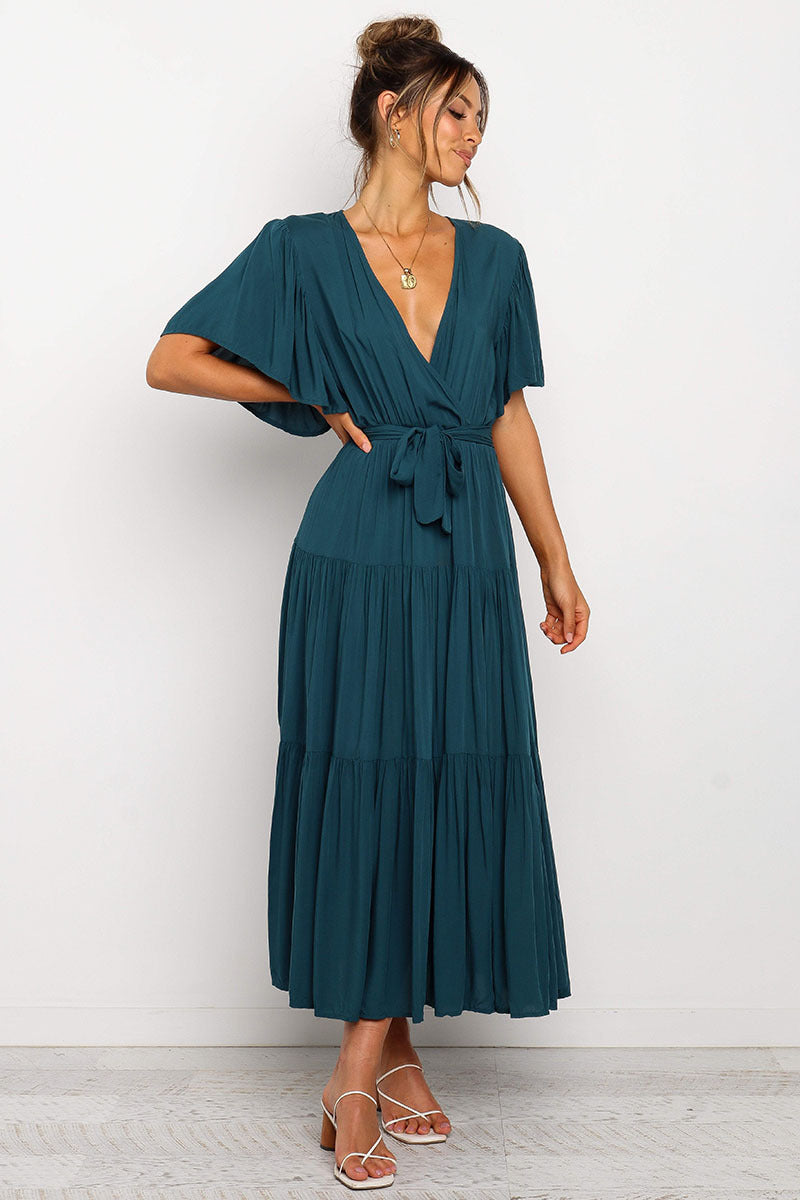 V Neck Tie Waist Short Sleeve Maxi Dress