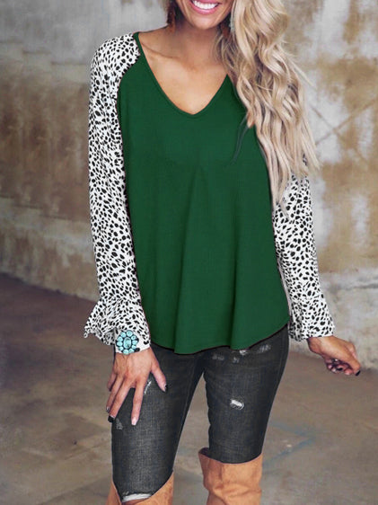 Casual Leopard Long Sleeve V Neck Top