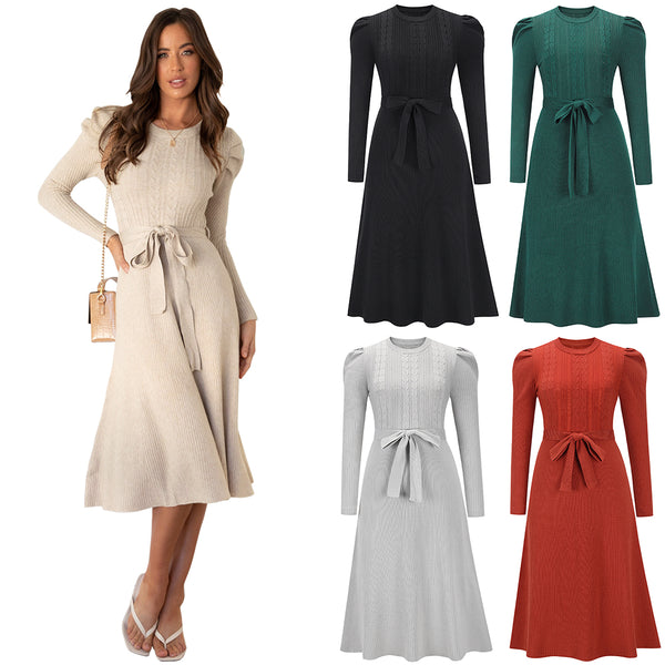 Long Sleeve Crew Neck Tie Waist Bodycon Knit Dress