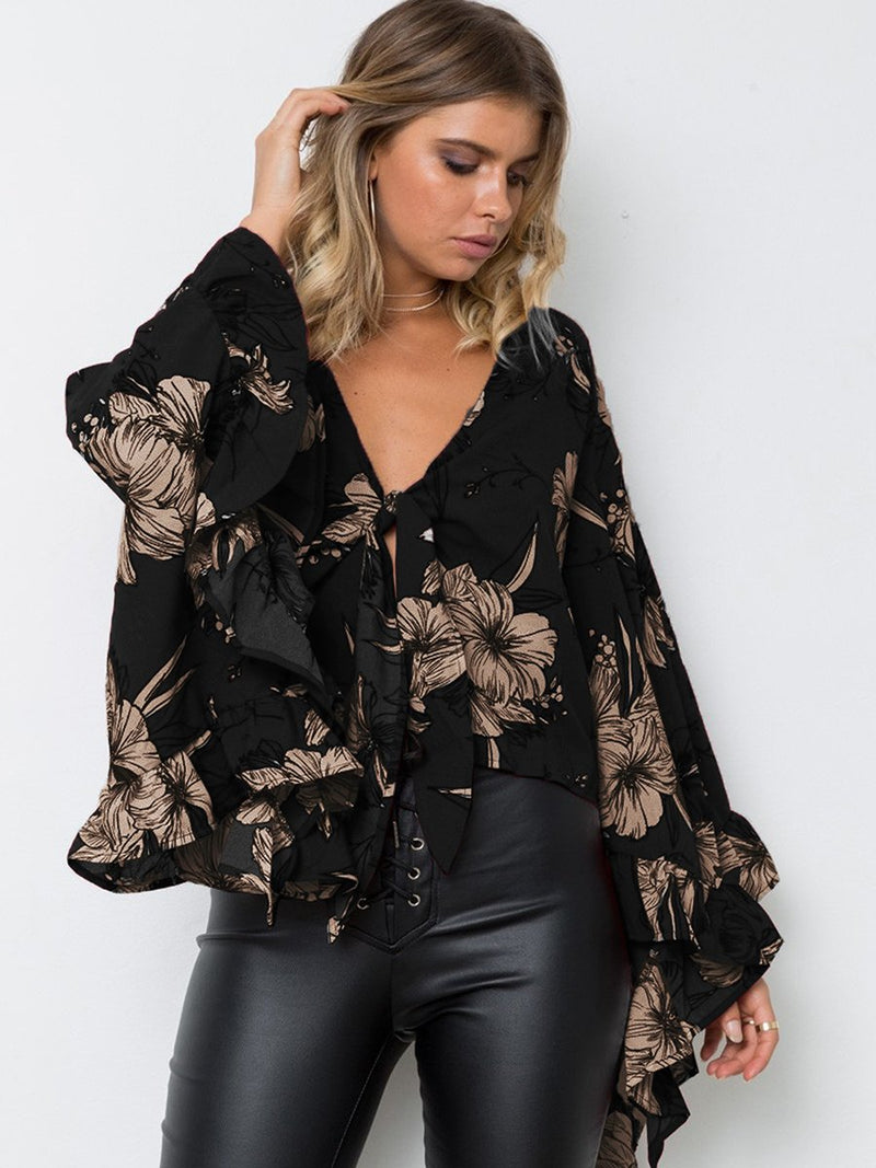 Long Sleeve Floral V-neck Irregular Hem Top