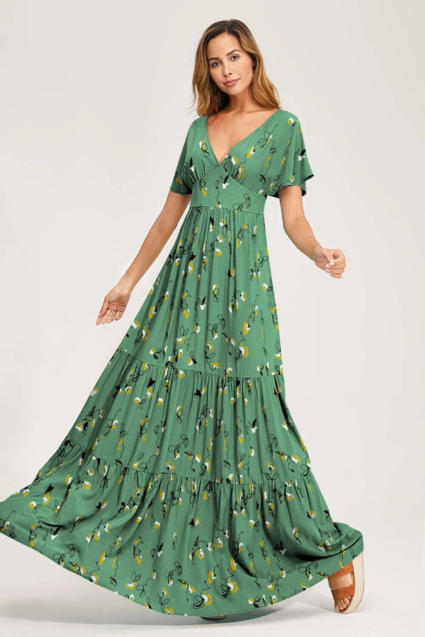 Floral V-neck Short Sleeves Maxi Dress