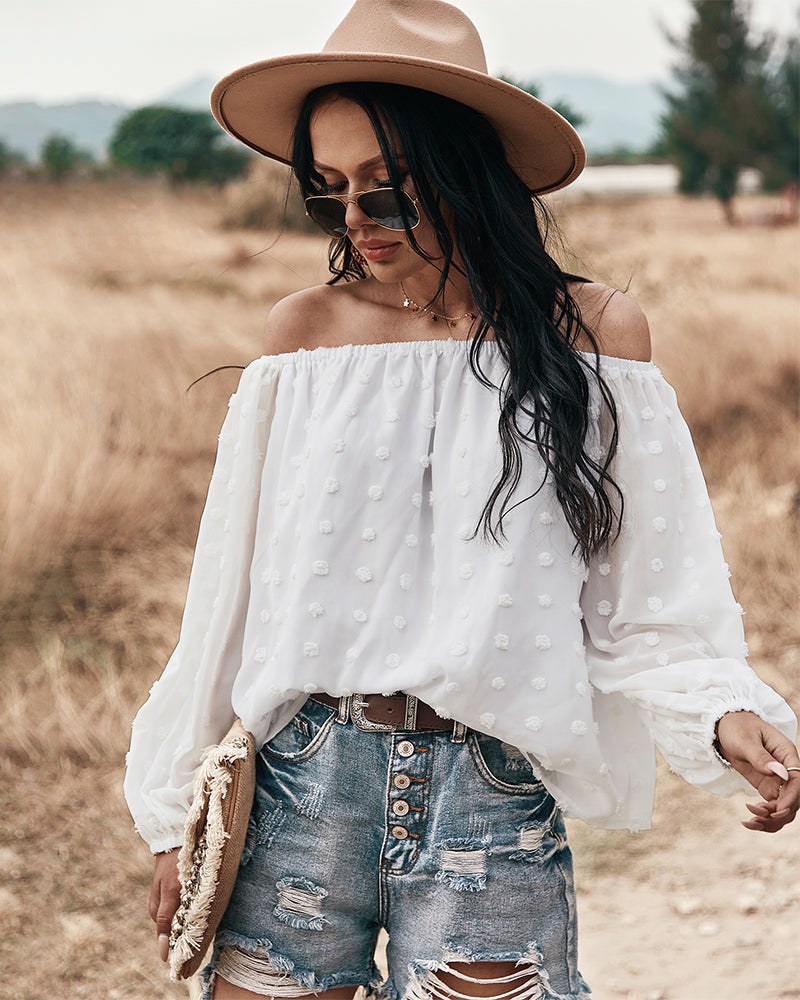 Off Shoulder Lantern Long Sleeve Ruffle Top