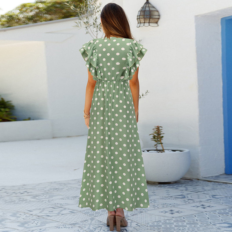 Polka Dot V Neck Cap Sleeve Maxi Dress