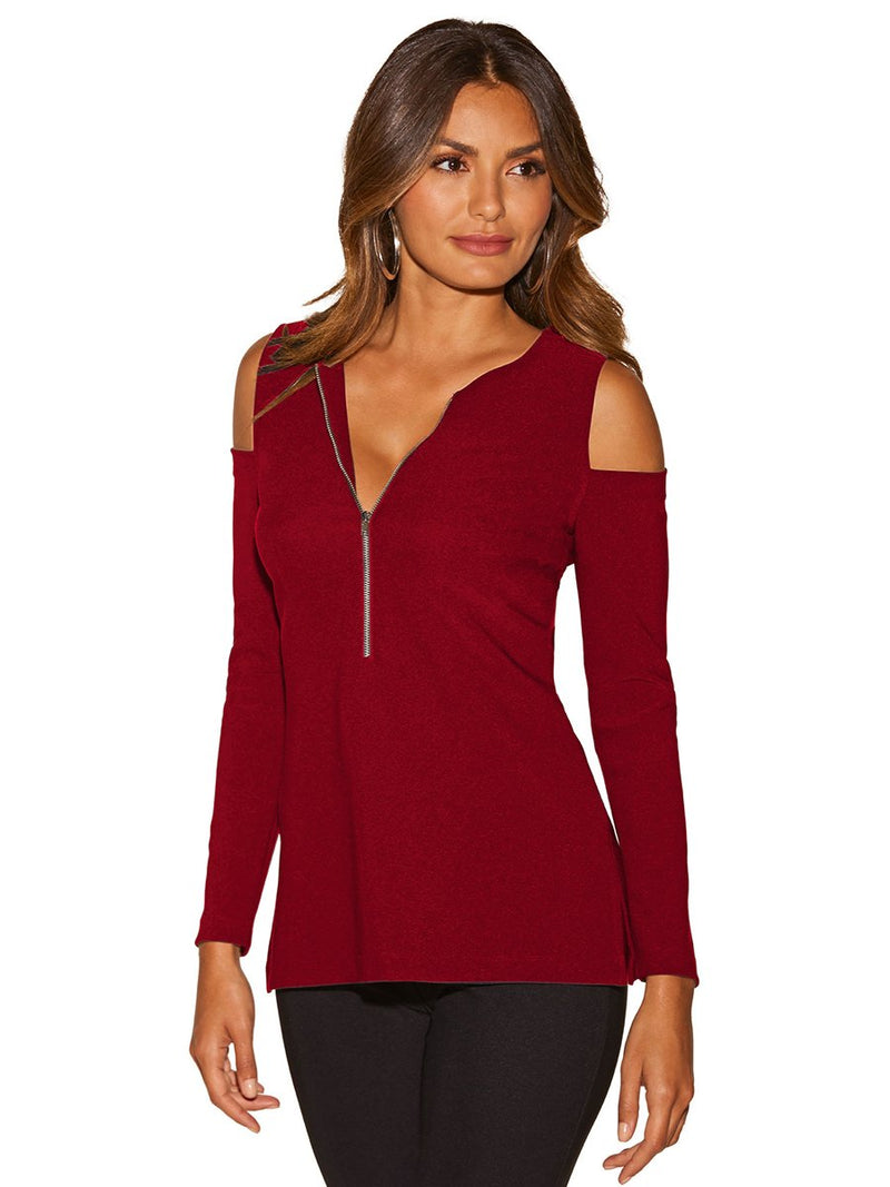 Zipper V-neck Long Sleeve T-shirt