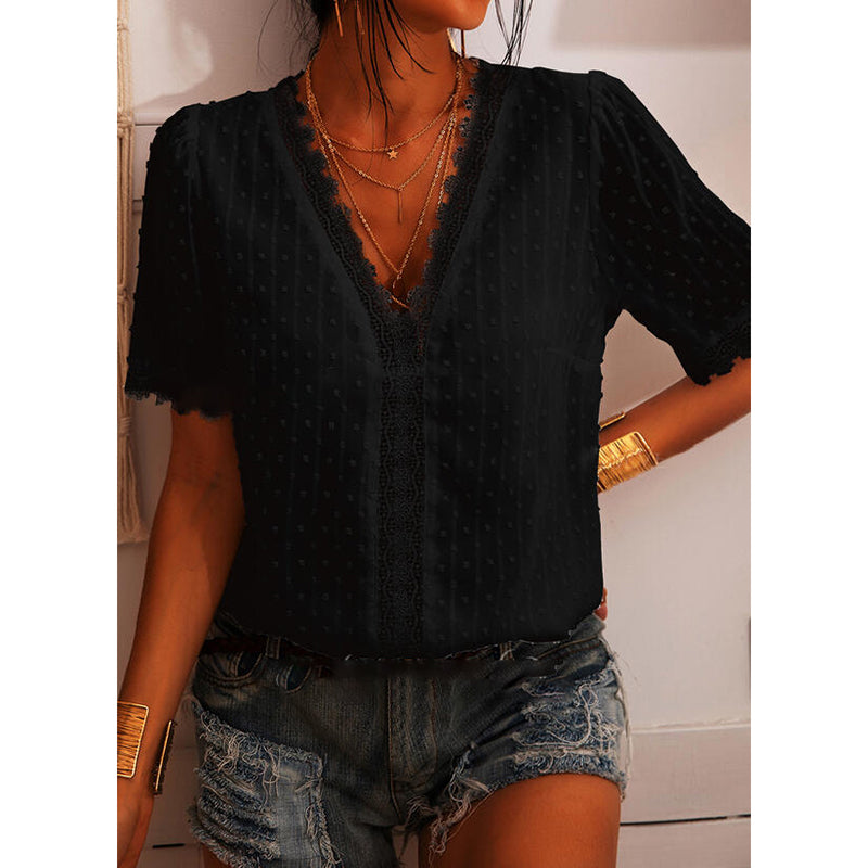 V Neck Short Sleeve Chiffon Ruffle Crochet Swiss Dot Top