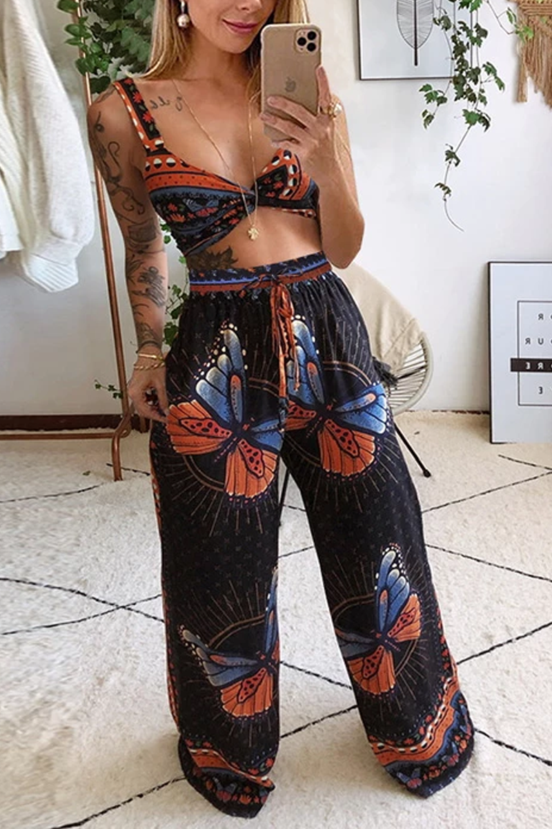 Bohemian Butterfly Print Two Piece Pants Sets