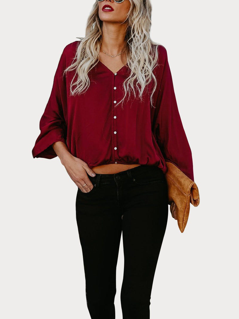 Green Button Down V Neck Casual Blouse - Landing Closet