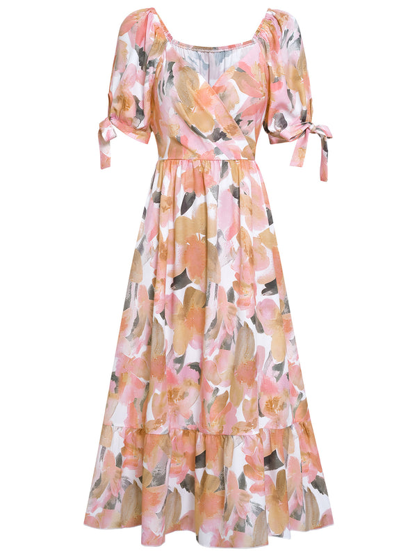 Elegant Short Sleeve V-Neck Printed Maxi Dress