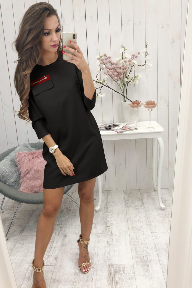 Black 3/4 Length Sleeve Plain Casual Crew Neck Mini Dress - Landing Closet