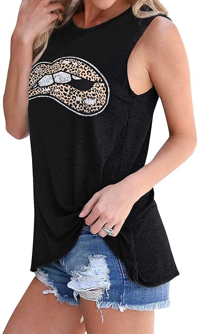 Sleeveless Crew Neck Leopard Lips Print Tank Tops