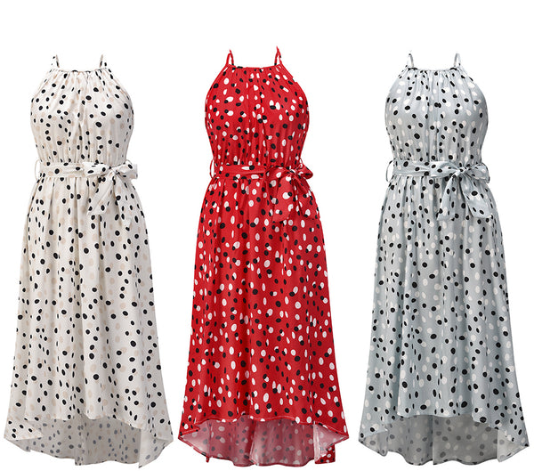 Sleeveless Halter Neck Tie Waist Polka Dot Maxi Dress