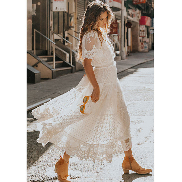 Chiffon Lace Short Sleeve Boho V Neck Maxi Dress