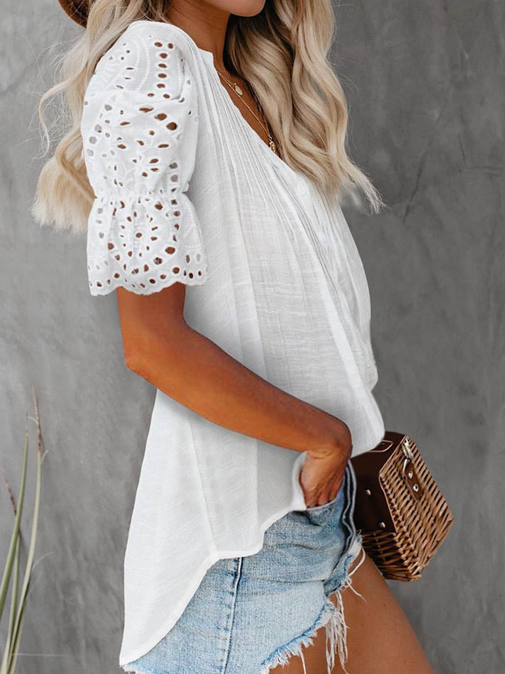 Casual V Neck Short Lace Sleeve Top