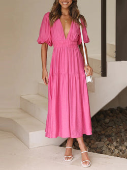 Deep V-Neck Short Sleeve Solid Color Maxi Dress