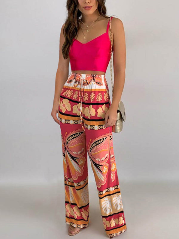 Butter Fly Print Elastic Waist Drawstring Long Pants