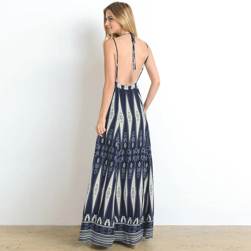 Spaghetti Strap V Neck Backless Loose Maxi Dress