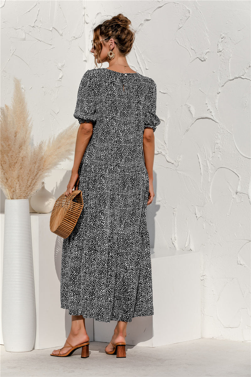 Short Sleeve Polka Dot Round Neck Maxi Dress