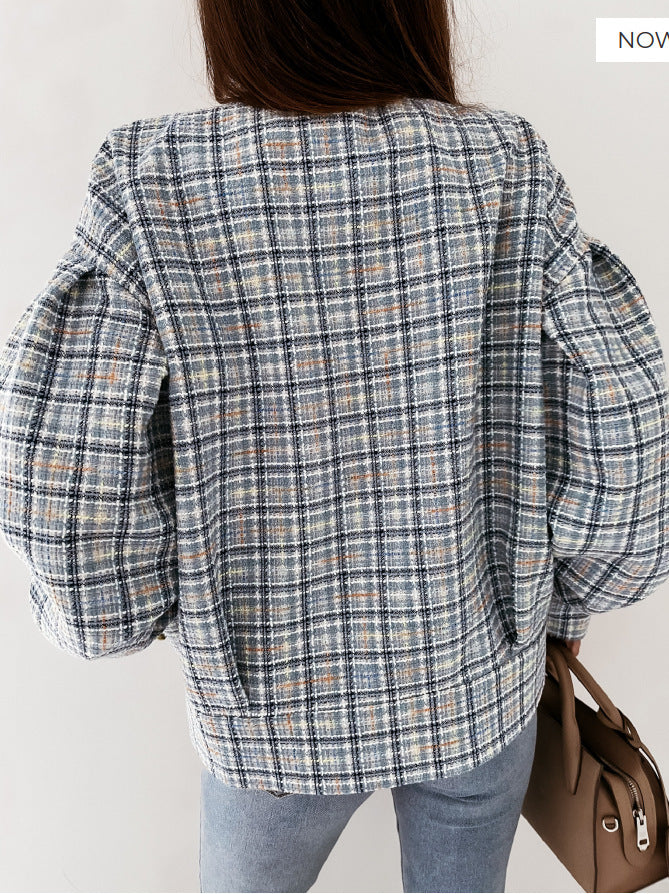 Round Neck Plaid Button Down Blouse Top