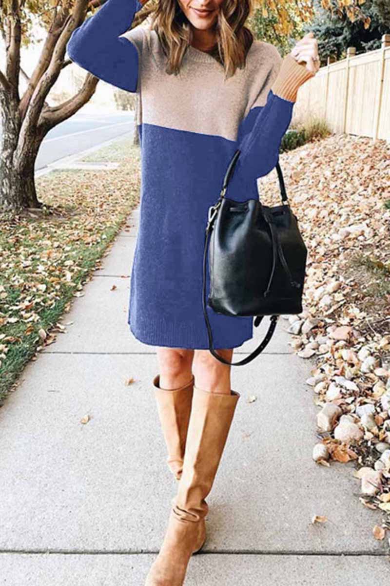 Loose Round Neck Paneled Mini Dress(4 Colors)