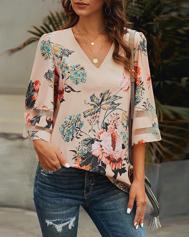 Floral Print V Neck Blouse (3 Color