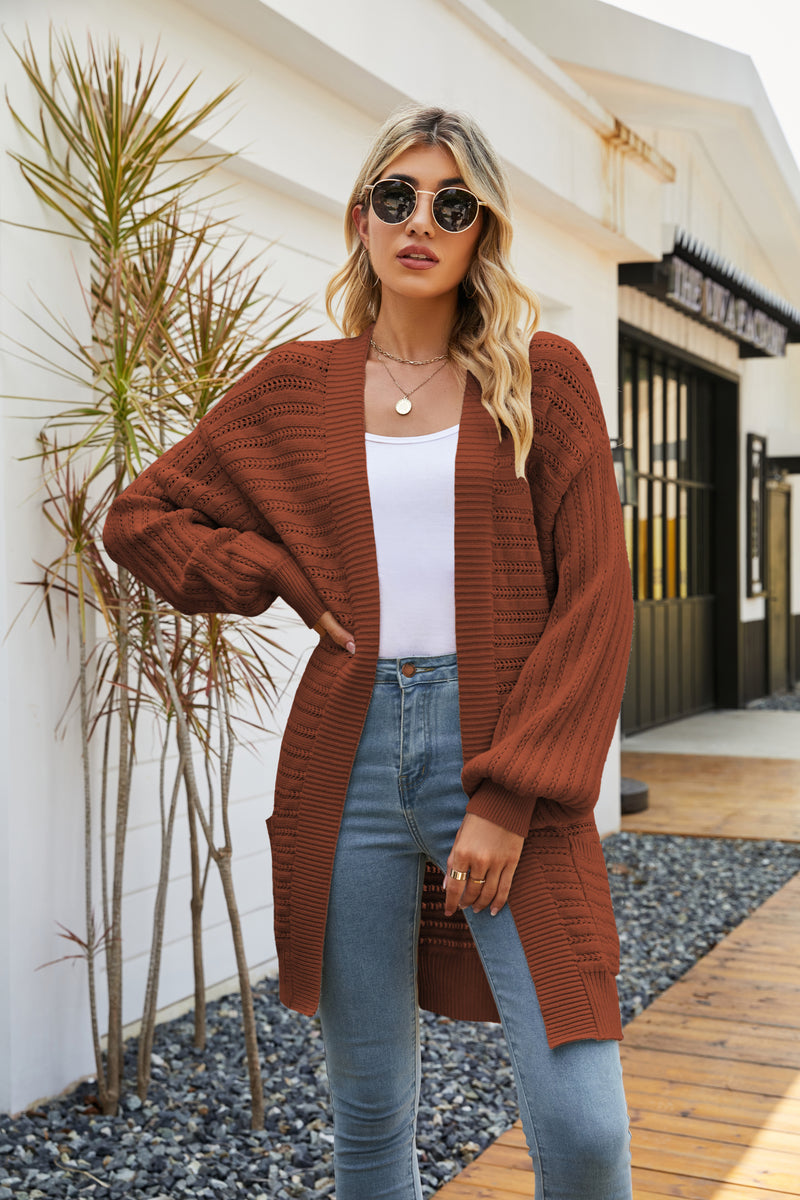 Open Front Pocketed Long Sleeve Knitted Solid Cardigan