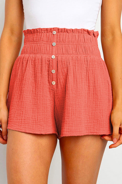 Buttons Frilled High Waist Solid Shorts