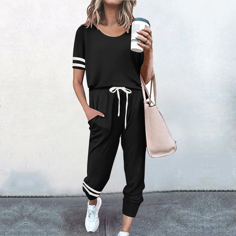 Casual 2 Piece Short Sleeve Drawstring Sweatsuit Set