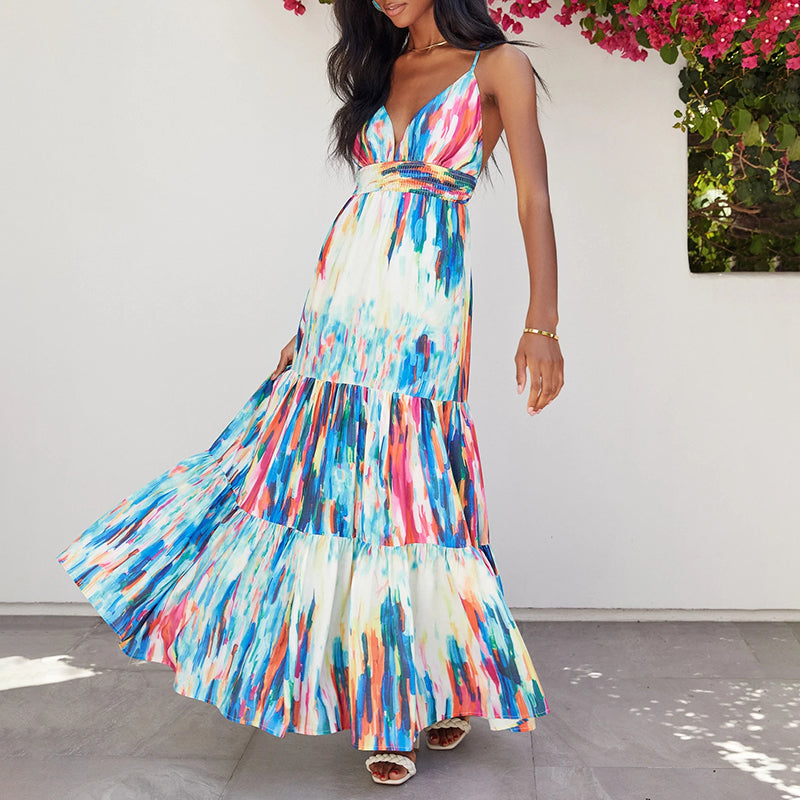 Spaghetti Strap Sleeveless High Waist Tie Dye Maxi Dress