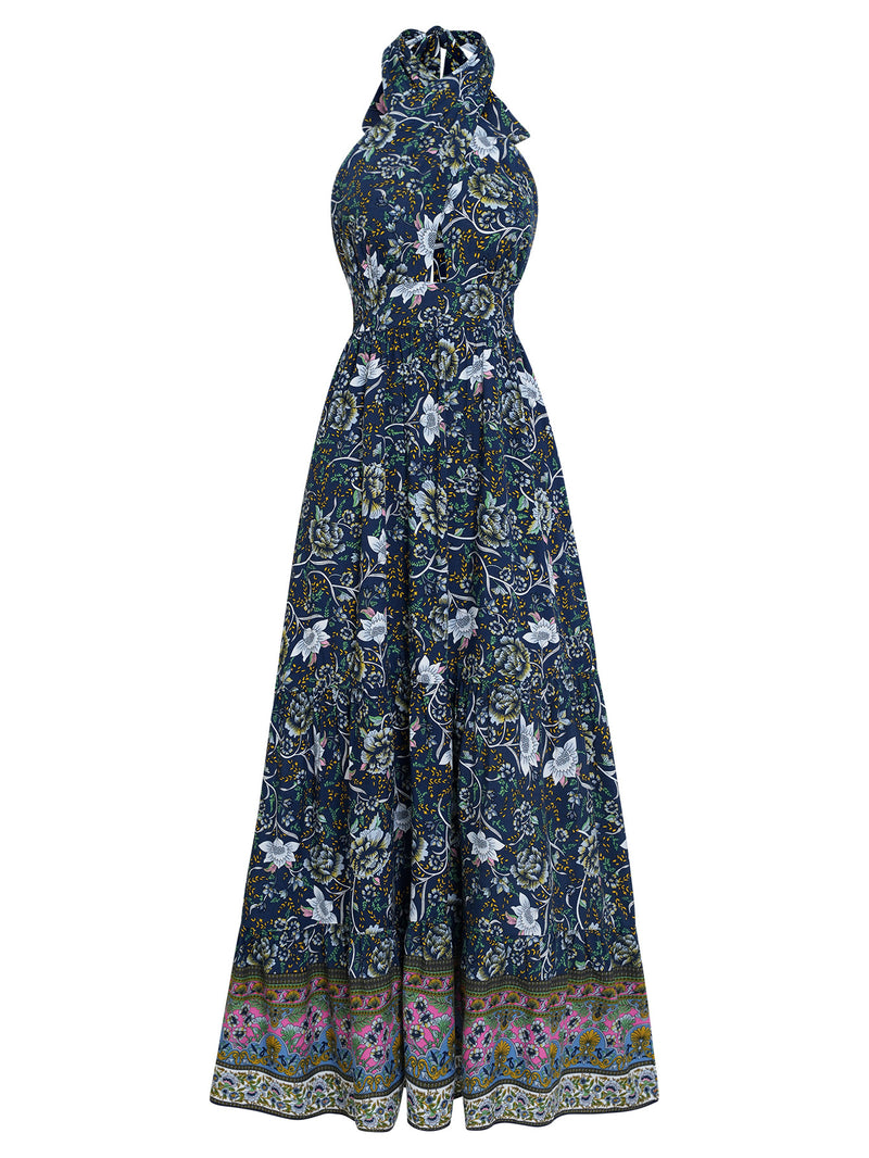 Casual Sleeveless Backless Printed Chiffon Maxi Dress