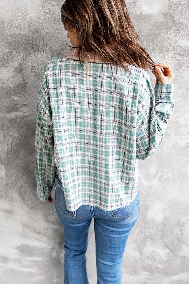 Long Sleeve Button Down Color Block Plaid Top