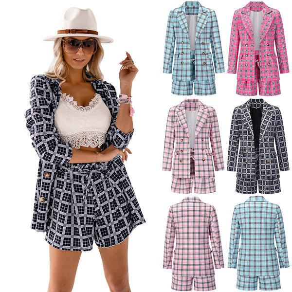 Plaid Notched Lapel 2 Piece Blazer Tie Waist Shorts Set