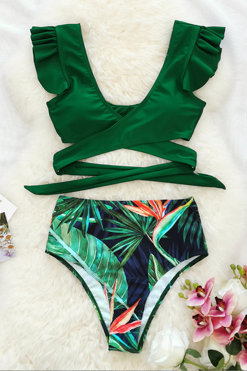 Ruffled High-waisted Lace-up Swimsuit