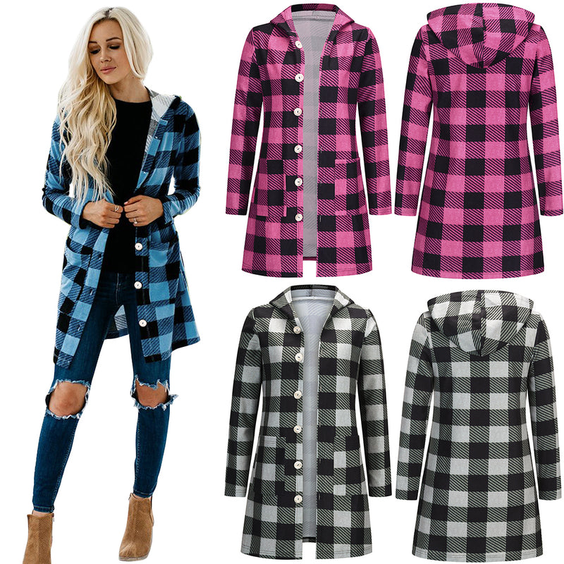 Long Sleeve Button Down Tartan Plaid Hoodie Front Pockets