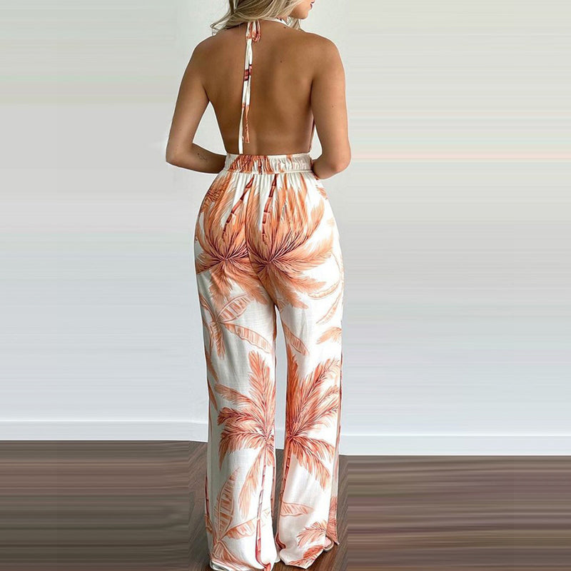 Double Spaghetti Strap Sleeveless Leaf Print Jumpsuit